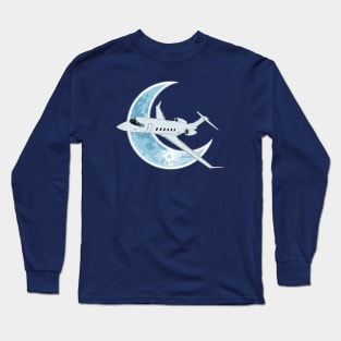 Bombardier Challenger 350 Jet Crescent Moon Night Flight Long Sleeve T-Shirt